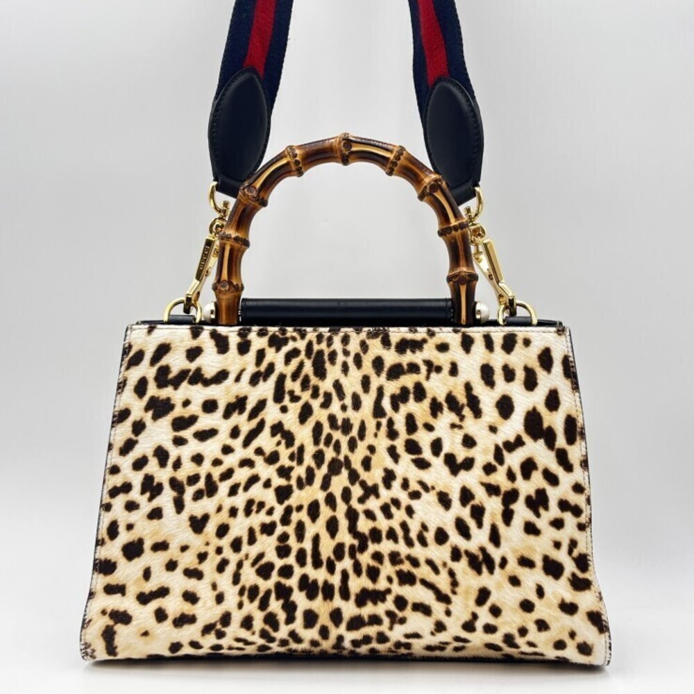GUCCI Handbag Leopard Calf Hair Bamboo Black Gold